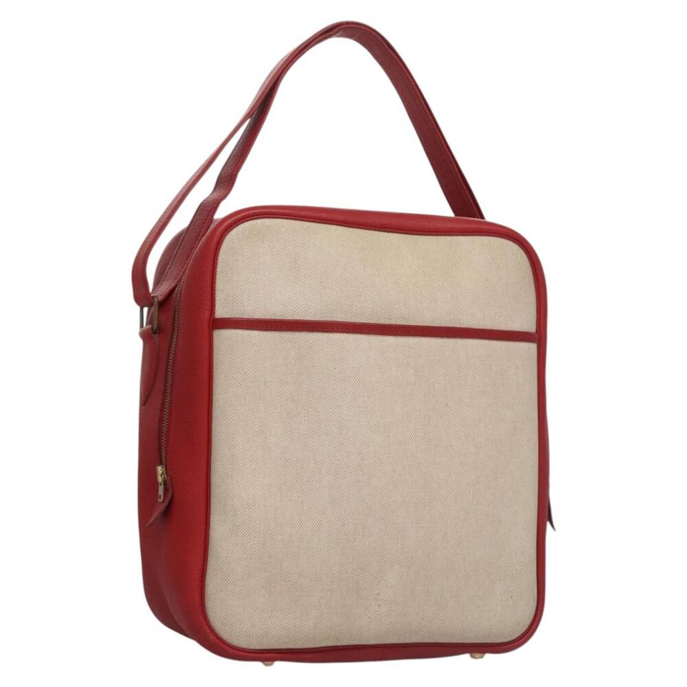 HERMES Victoria Square Hand Bag Coated Canvas Leather Beige Red Gold